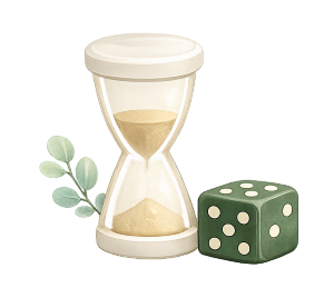Dice and three-minute sand timer included in the box
